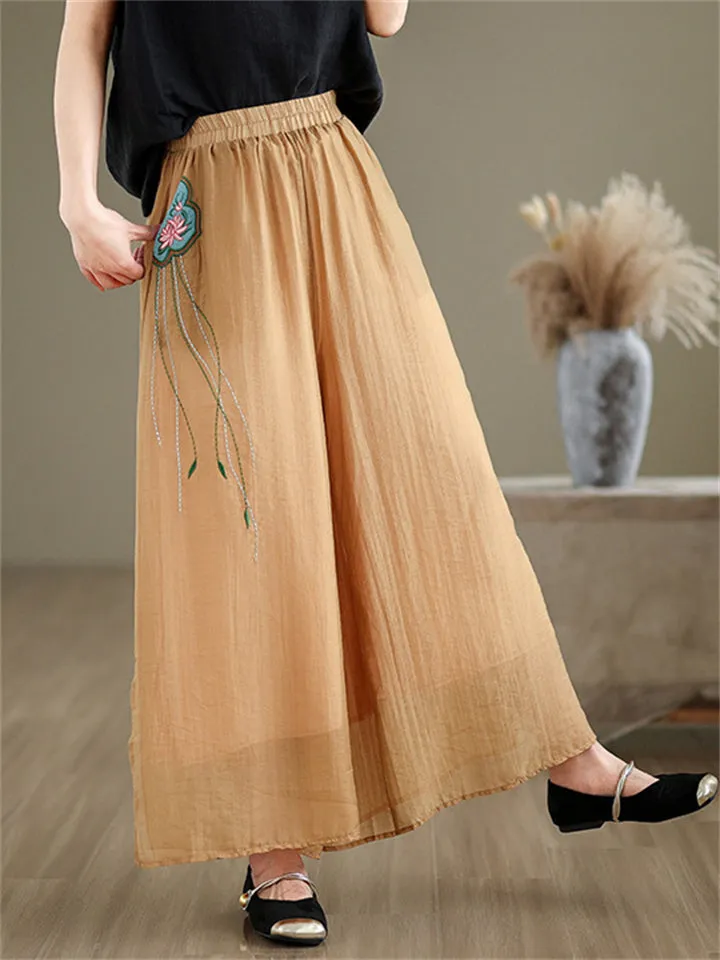 Lotus Embroideried Flowy Linen Fairy Pants for Women