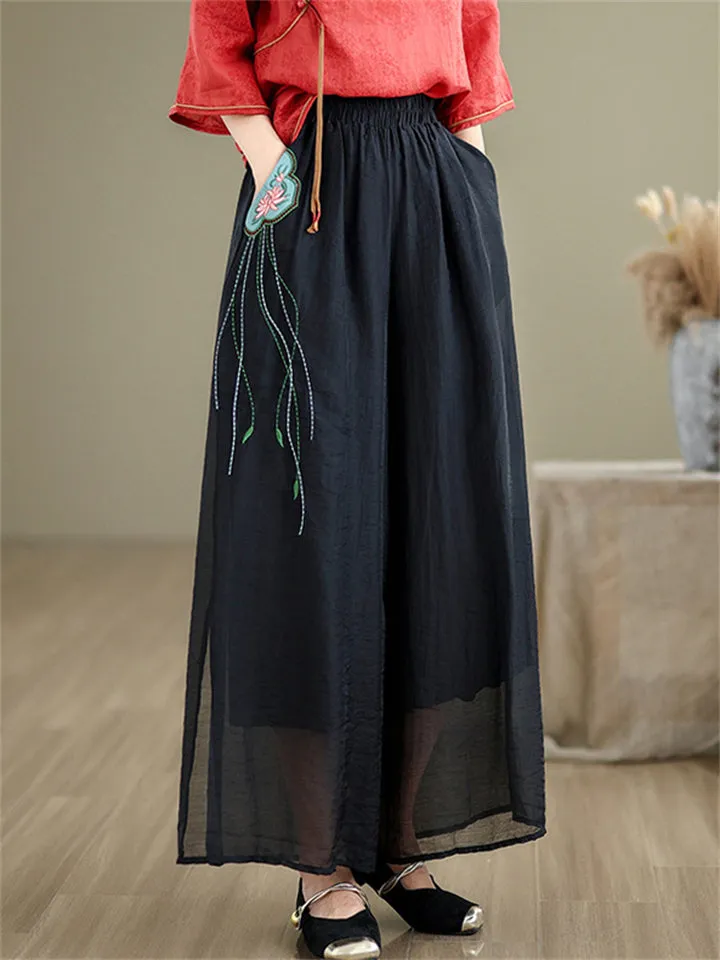 Lotus Embroideried Flowy Linen Fairy Pants for Women