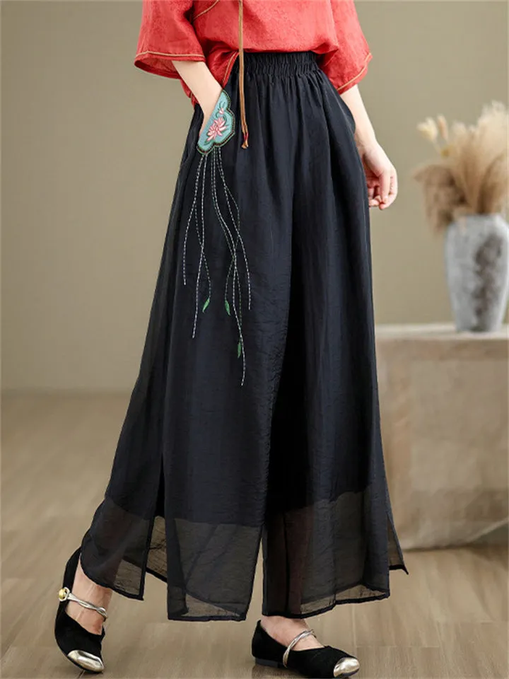 Lotus Embroideried Flowy Linen Fairy Pants for Women