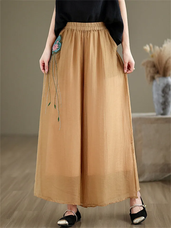 Lotus Embroideried Flowy Linen Fairy Pants for Women