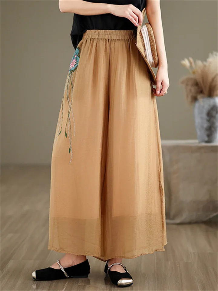 Lotus Embroideried Flowy Linen Fairy Pants for Women