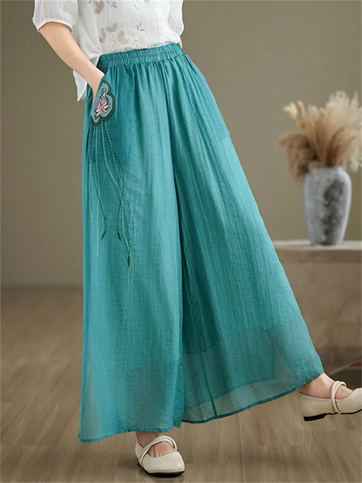 Lotus Embroideried Flowy Linen Fairy Pants for Women