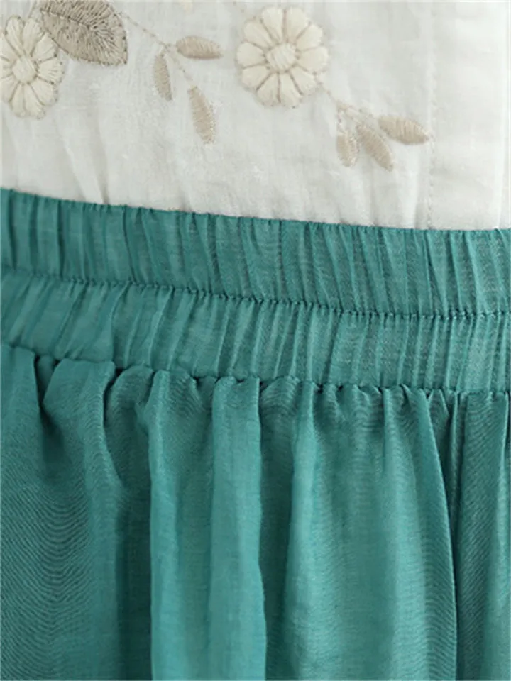 Lotus Embroideried Flowy Linen Fairy Pants for Women