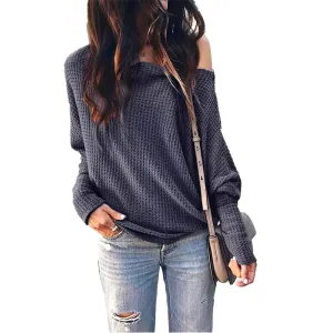 Luexco Women's Off-Shoulder Sweater Bat Wing Lantern Sleeve Top