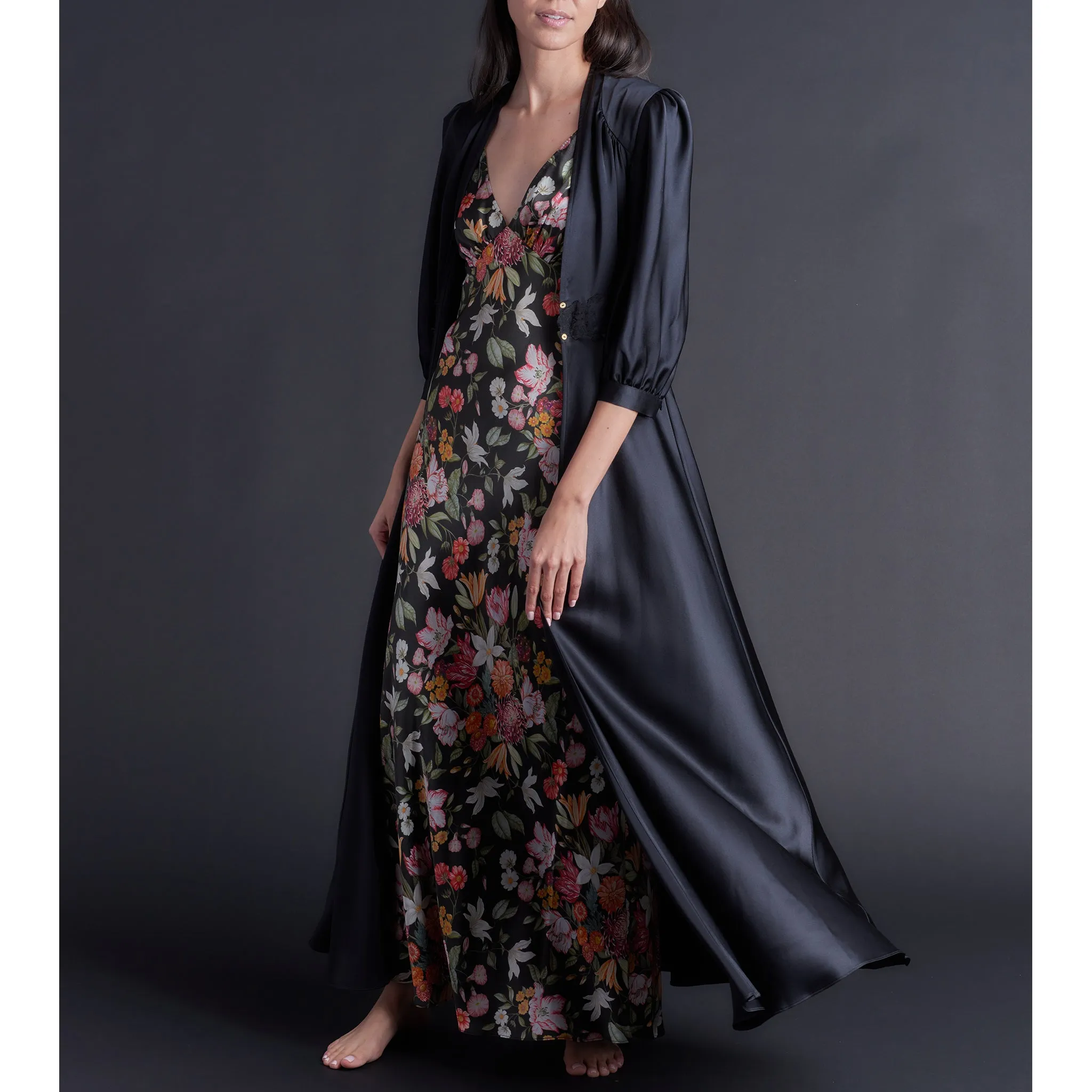 Maia Long Robe in Black Silk Charmeuse