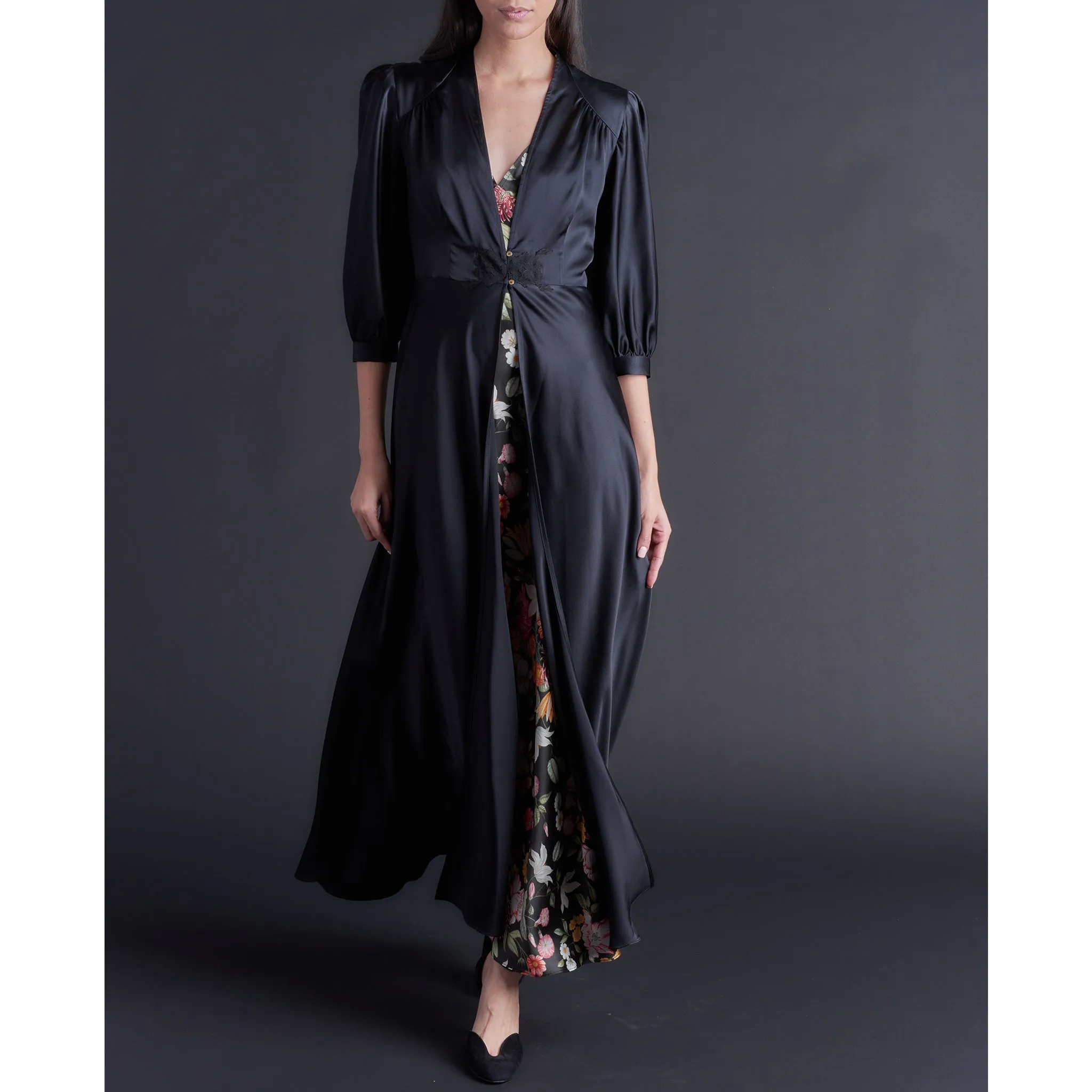 Maia Long Robe in Black Silk Charmeuse