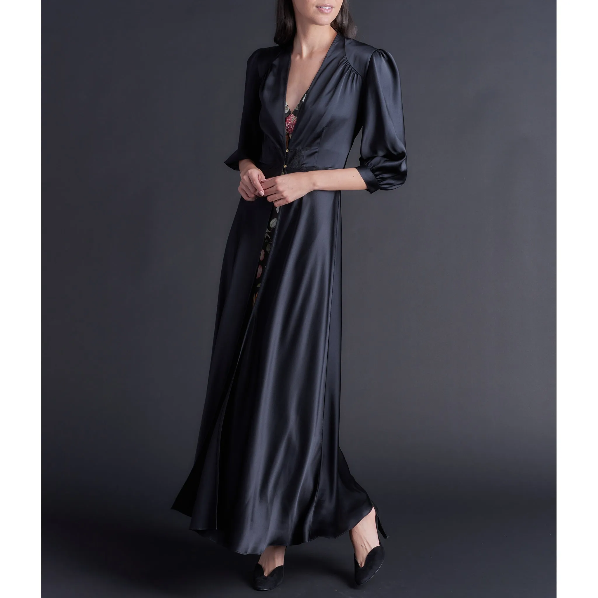 Maia Long Robe in Black Silk Charmeuse