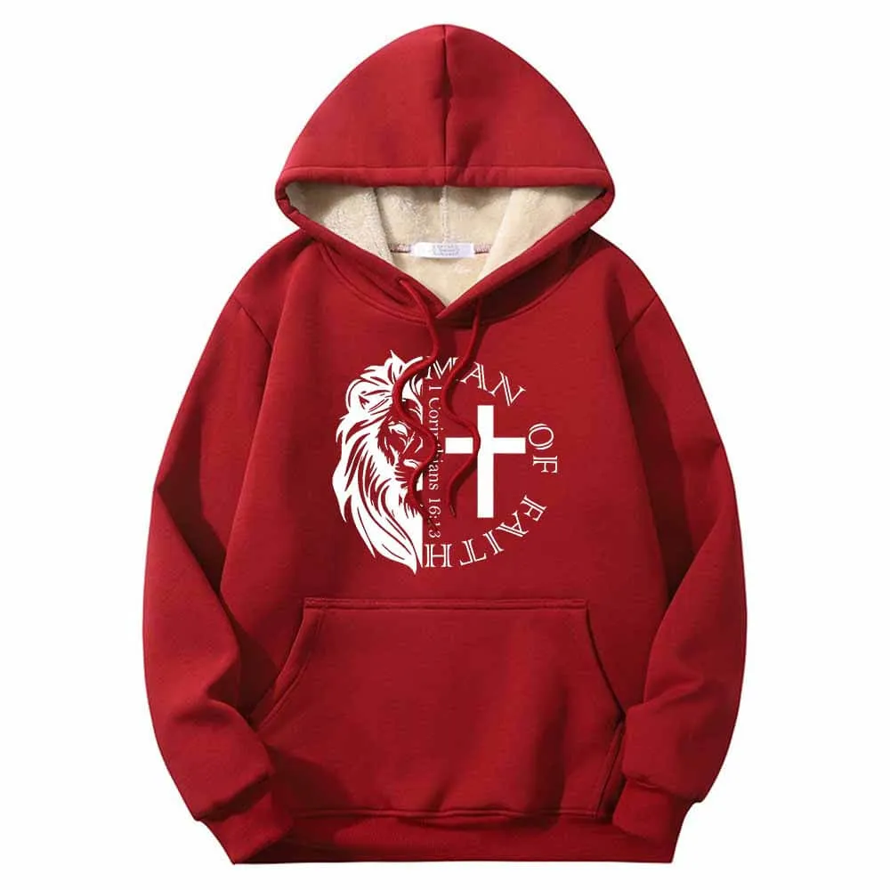 Man Of Faith Lion Cross Crew Collar Fleece Sherpa Hoodie