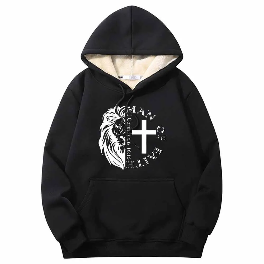 Man Of Faith Lion Cross Crew Collar Fleece Sherpa Hoodie