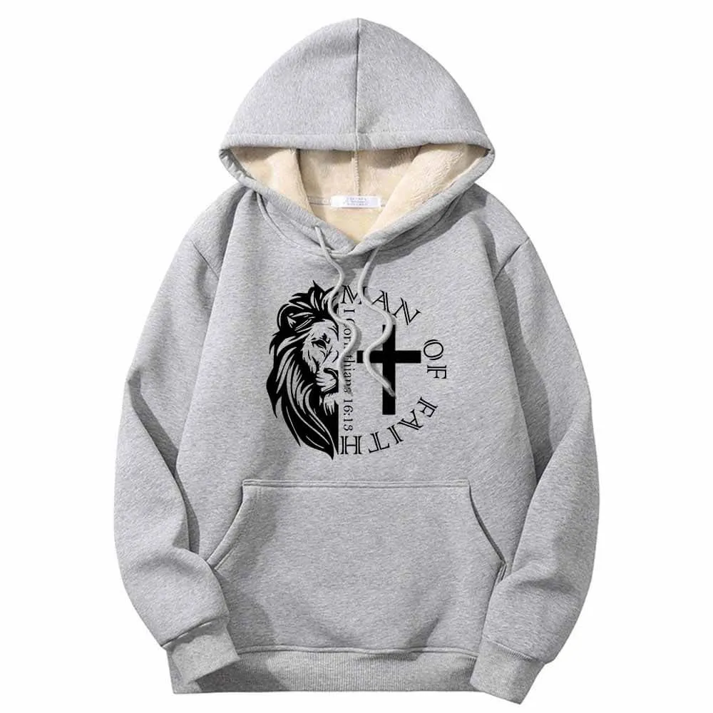 Man Of Faith Lion Cross Crew Collar Fleece Sherpa Hoodie