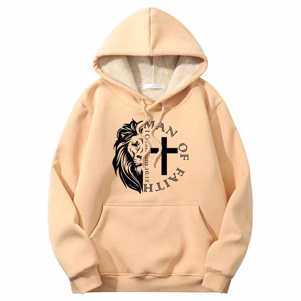 Man Of Faith Lion Cross Crew Collar Fleece Sherpa Hoodie