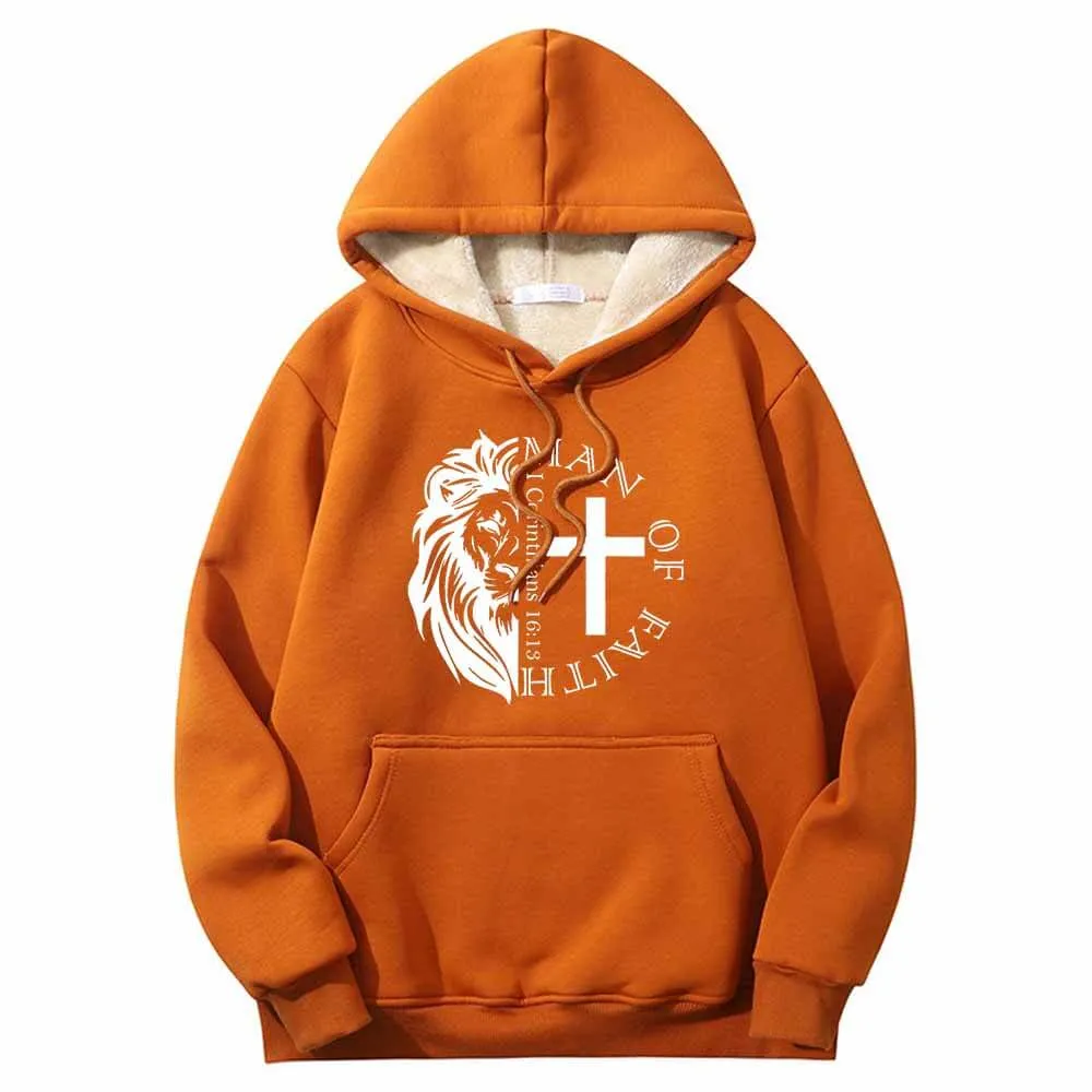 Man Of Faith Lion Cross Crew Collar Fleece Sherpa Hoodie