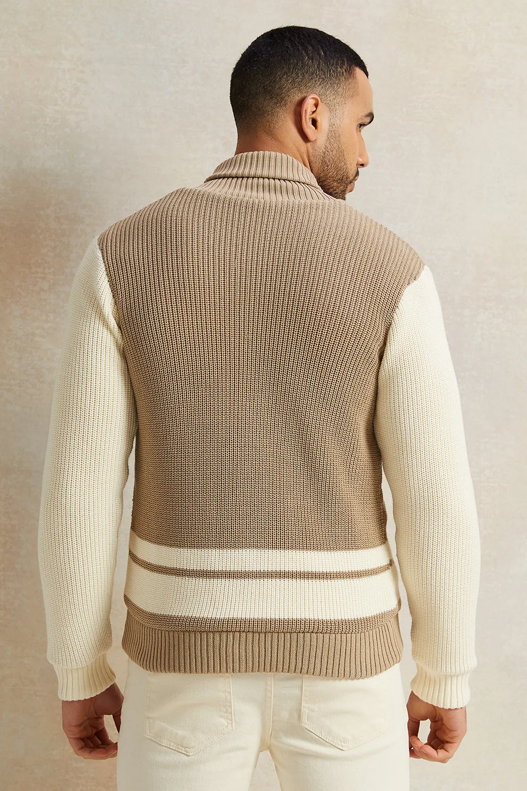 Men Beige Shawl Collar Cardigan With Faux Fur Lining