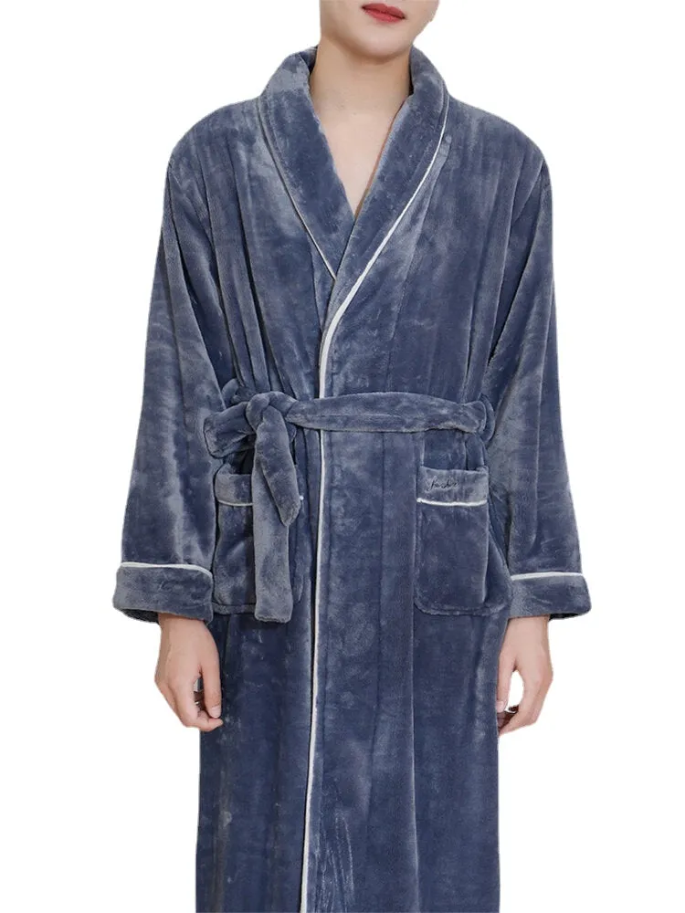 Men Flannel Lapel Double Pocket Warm Belted Robes With Contrast Binding