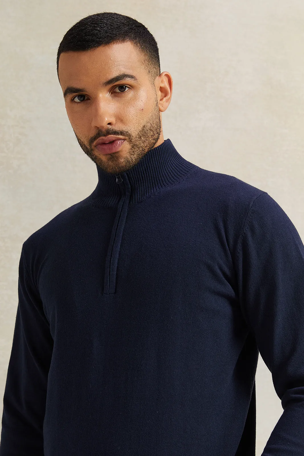 Men Navy Half Zip Pullover