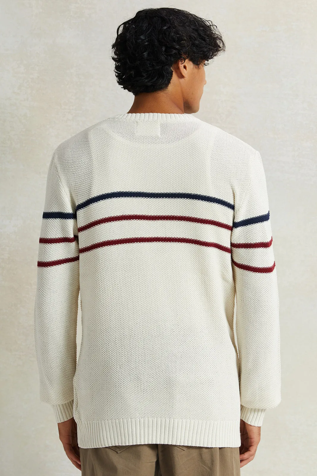 Men White Striped Pullover