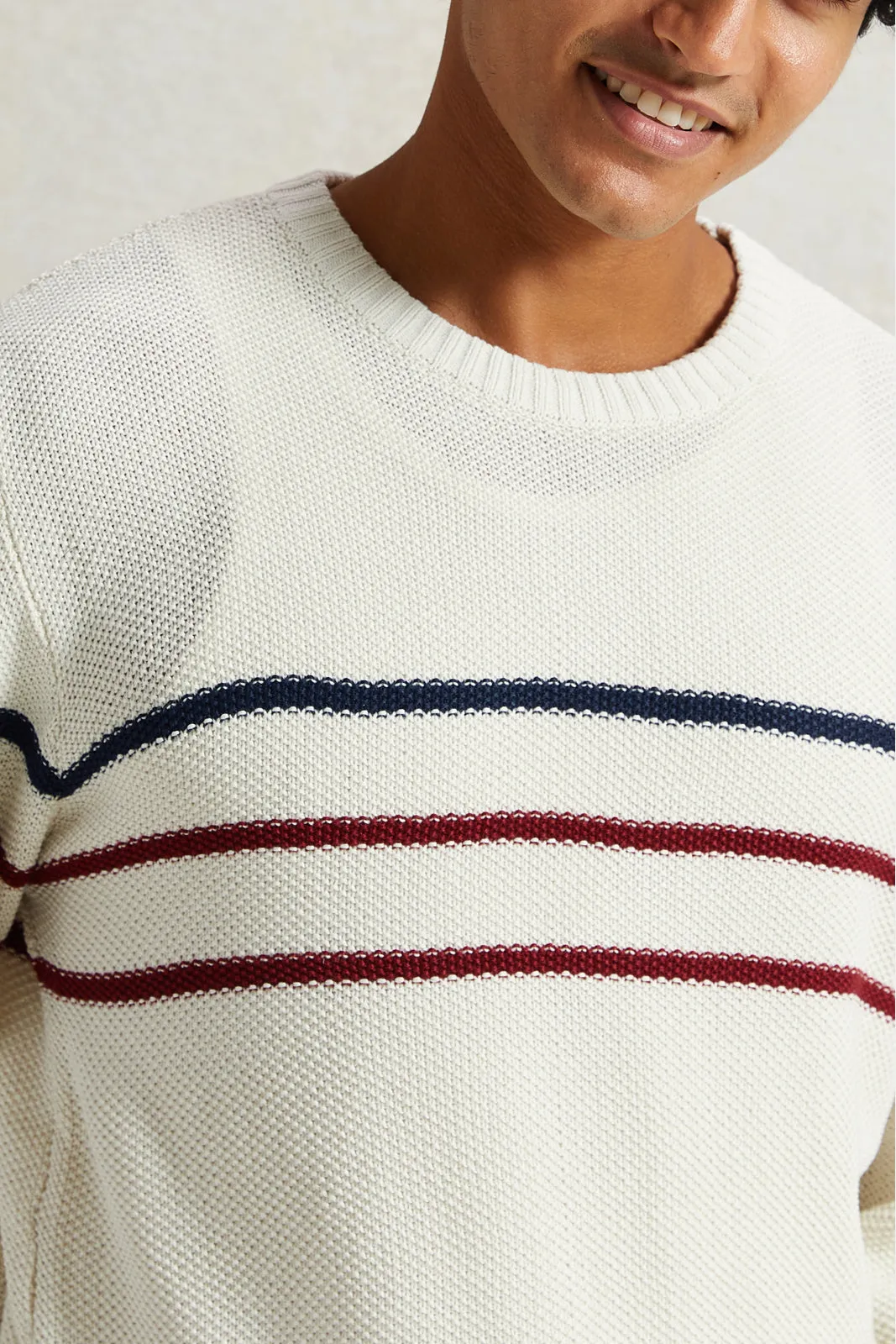 Men White Striped Pullover