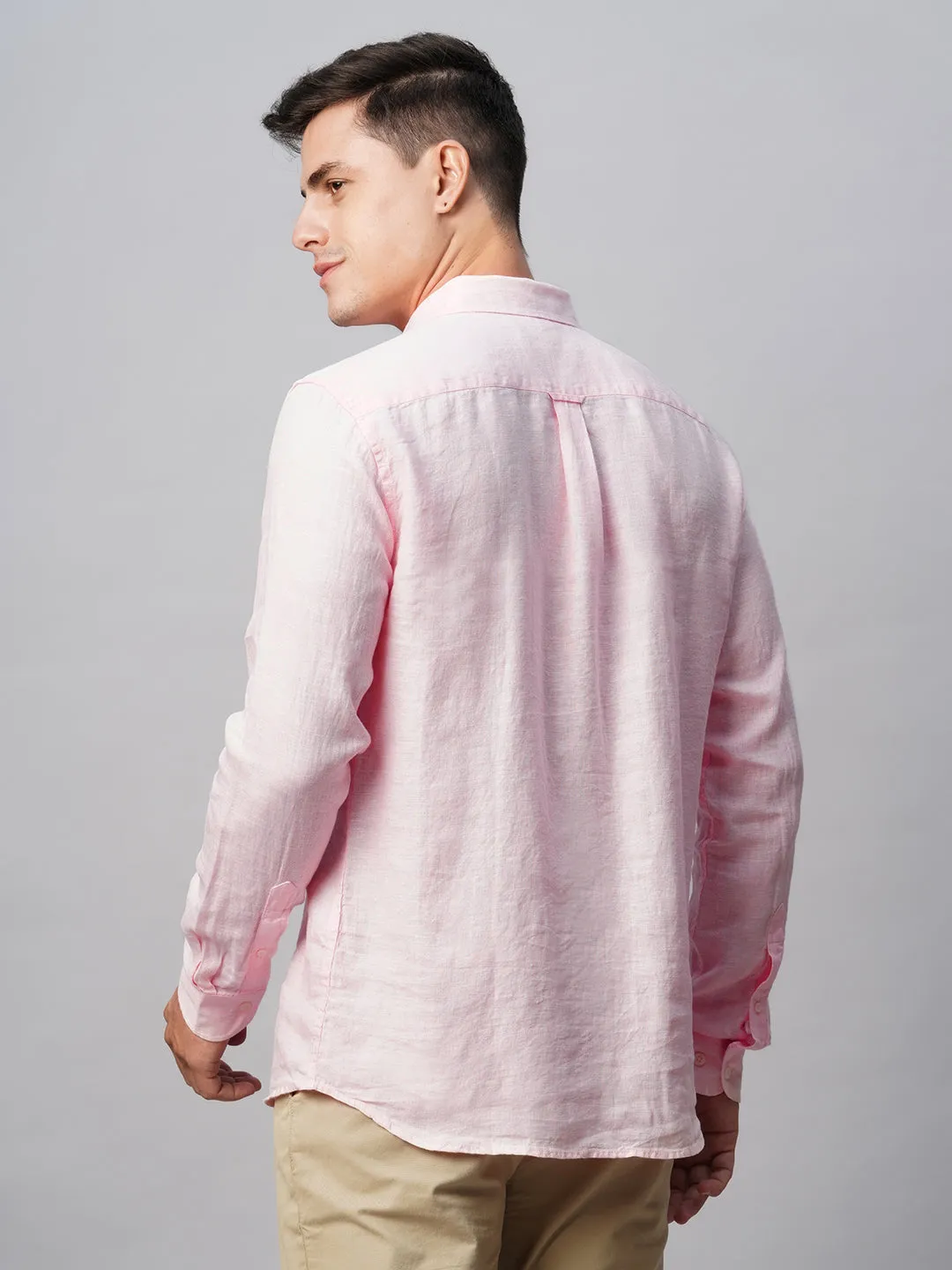 Men's 100% Linen Pink Regular Fit Long Sleeved Shirt