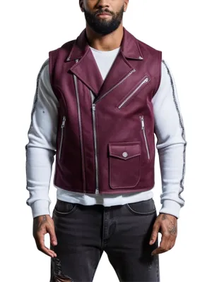 Men's Burgundy Leather Biker Vest With Asymmetrical Zipper