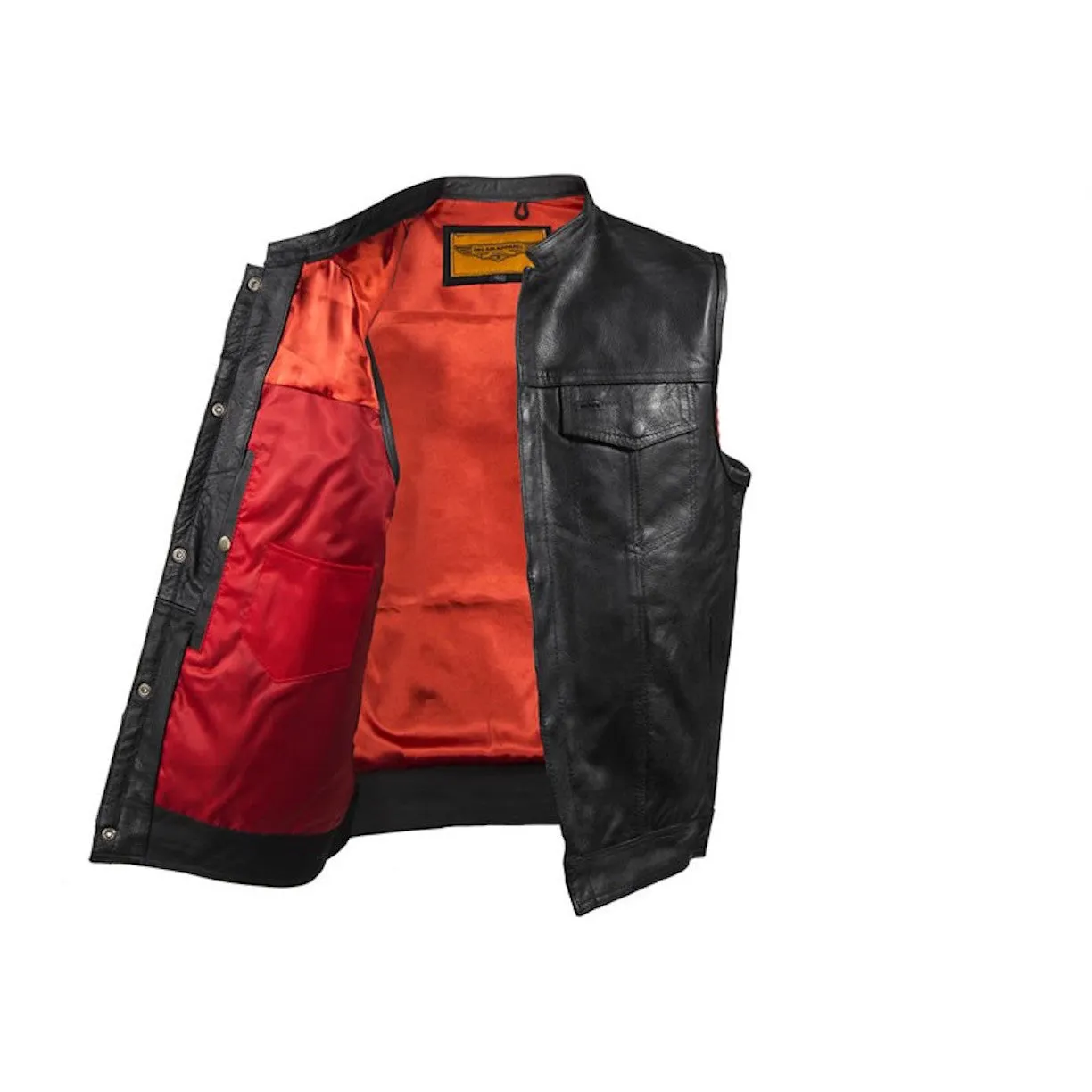 Mens Leather Motorcycle Club Vest With Gun Pockets Solid Back Mandarin Collar