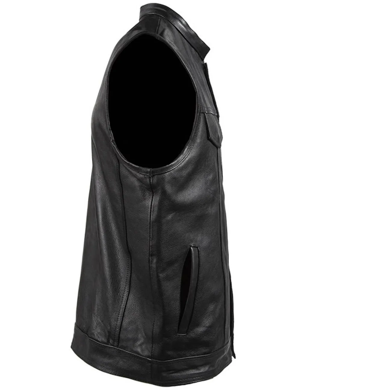 Mens Leather Motorcycle Club Vest With Gun Pockets Solid Back Mandarin Collar