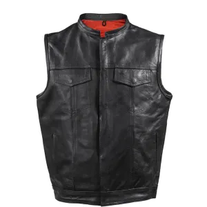 Mens Leather Motorcycle Club Vest With Gun Pockets Solid Back Mandarin Collar