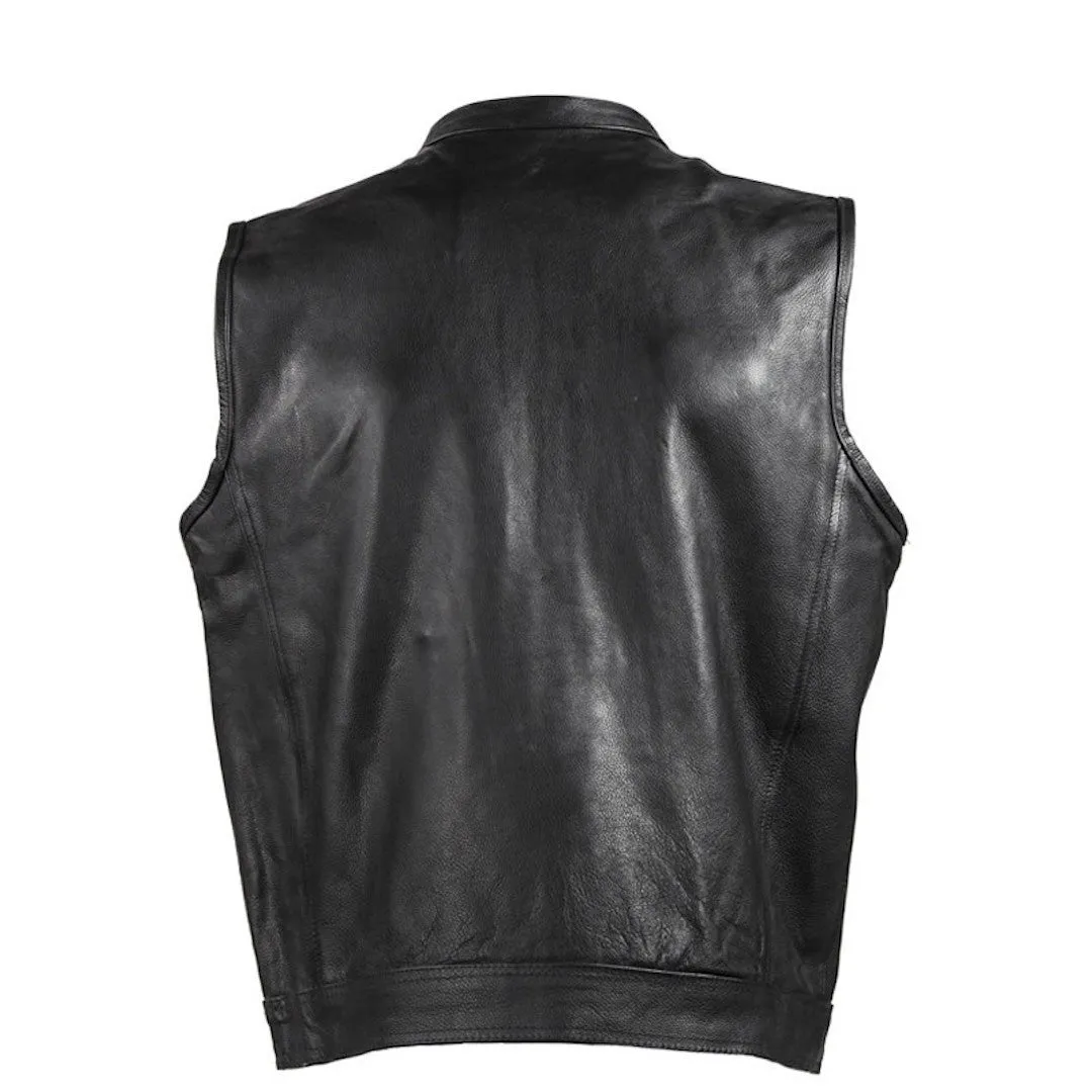 Mens Leather Motorcycle Club Vest With Gun Pockets Solid Back Mandarin Collar