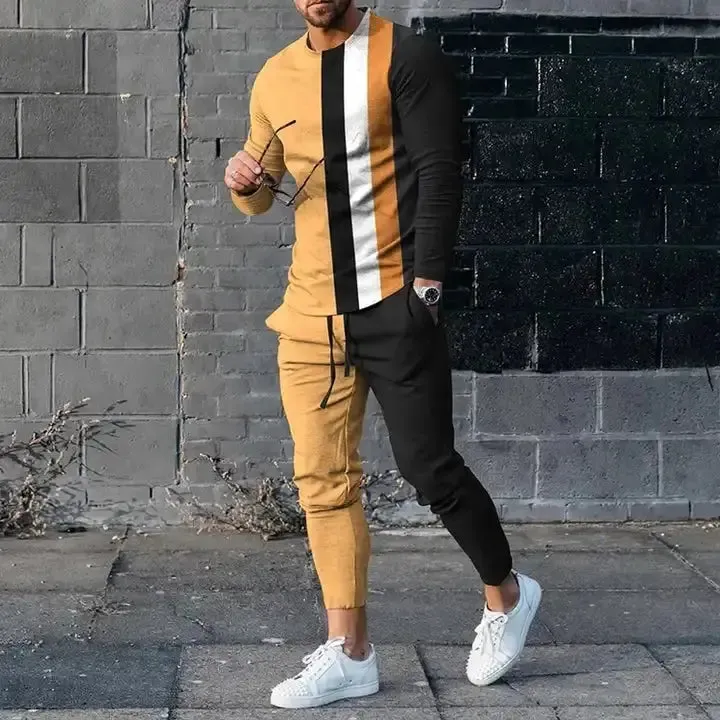 Men's Long Sleeve T-Shirt & Pants Set  Colour Geometry 3D Printed Casual Suit