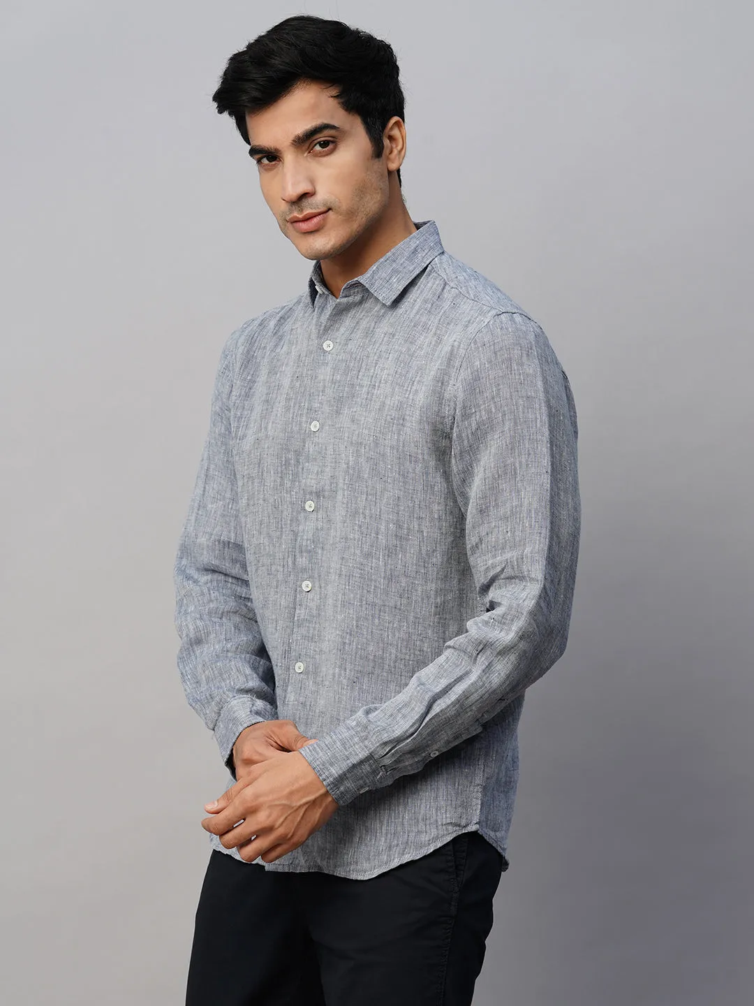 Men's Navy 100% Linen Slim Fit Long Sleeved Shirt