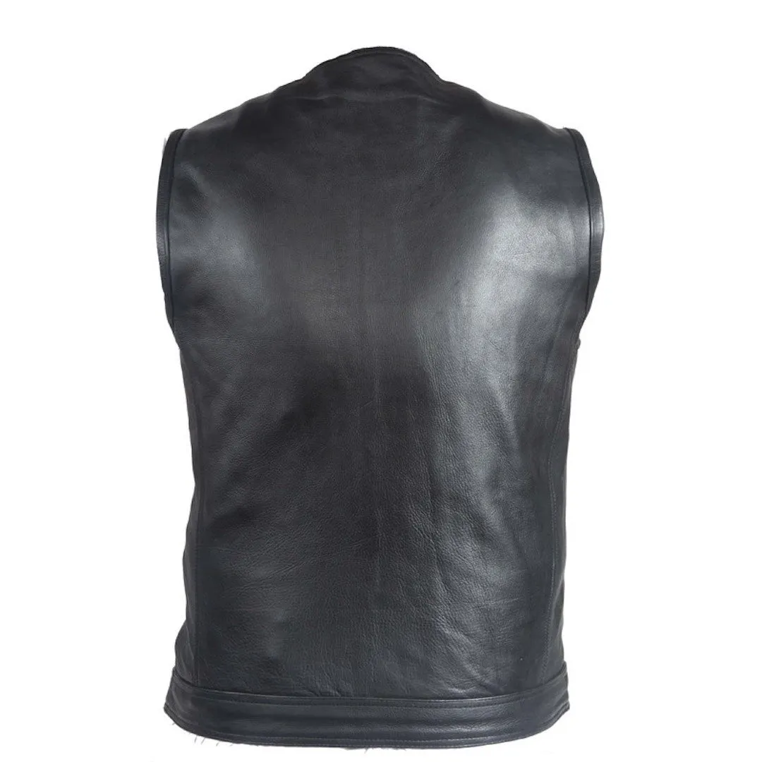 Mens No Collar Leather Motorcycle Club Vest With Gun Pockets Solid Back