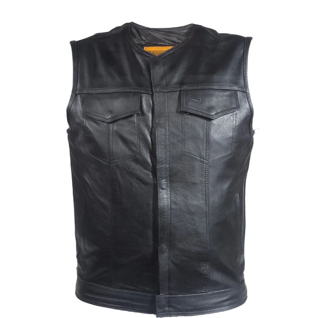 Mens No Collar Leather Motorcycle Club Vest With Gun Pockets Solid Back