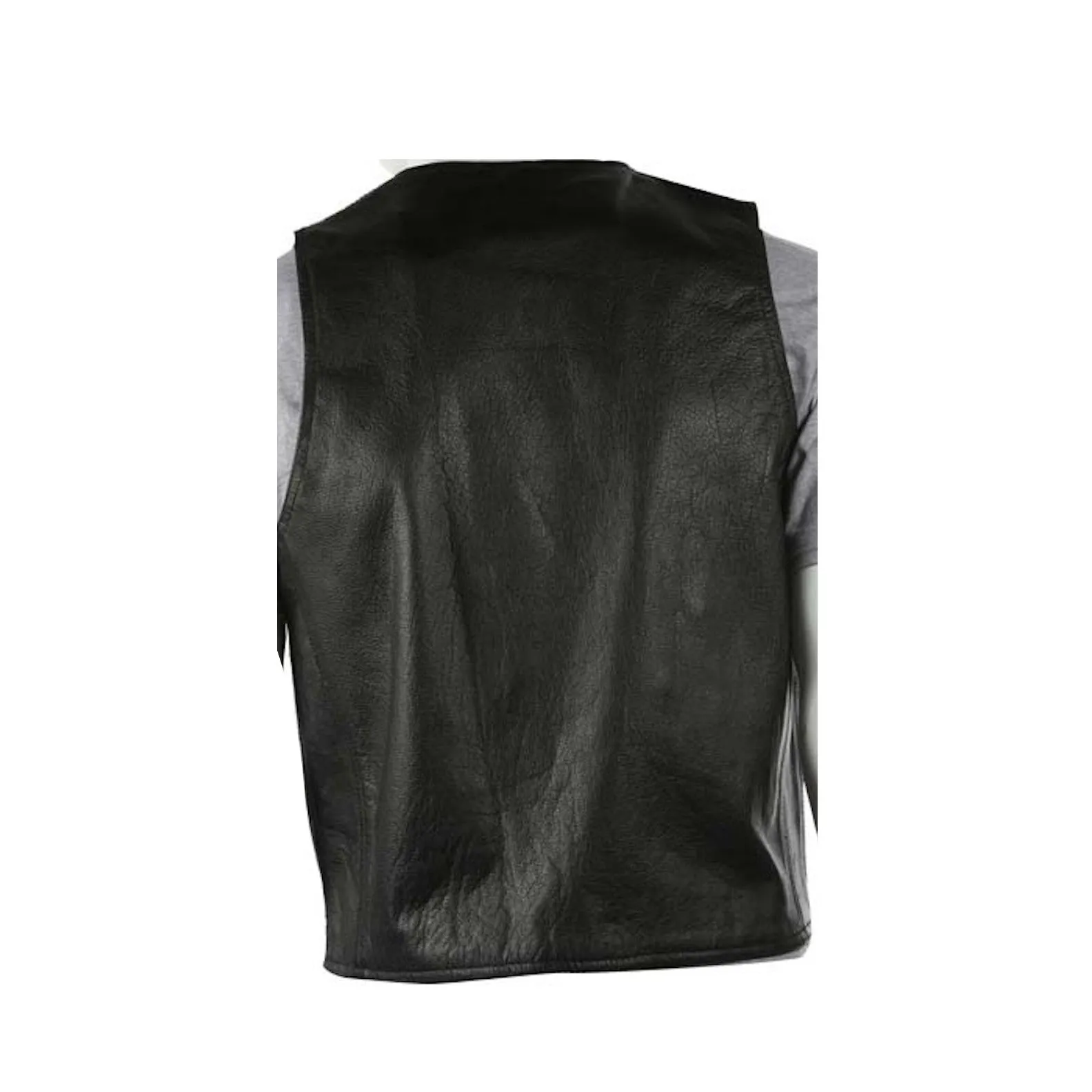 Mens Plain Black Leather Motorcycle Vest With Gun Pocket Solid Back