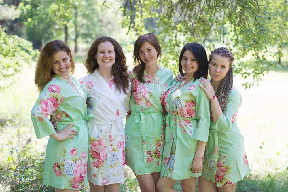 Mint Cabbage Roses Pattern Bridesmaids Robes