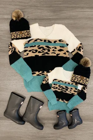 Mom & Me - Dusty Teal Cheetah Knit Sweater