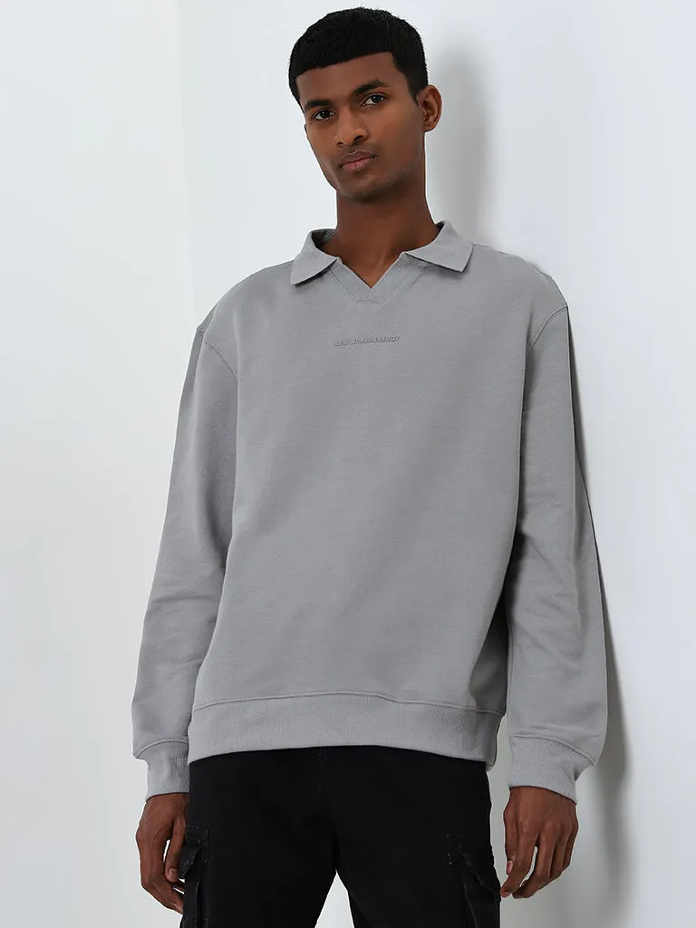 Nuon Grey Text Printed Relaxed-Fit Cotton Sweatshirt