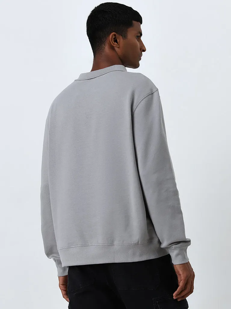 Nuon Grey Text Printed Relaxed-Fit Cotton Sweatshirt