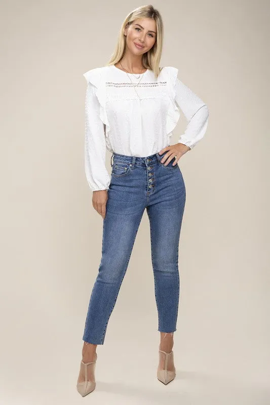 NUVI APPAREL White Swiss dot Ruffle Trim Blouse