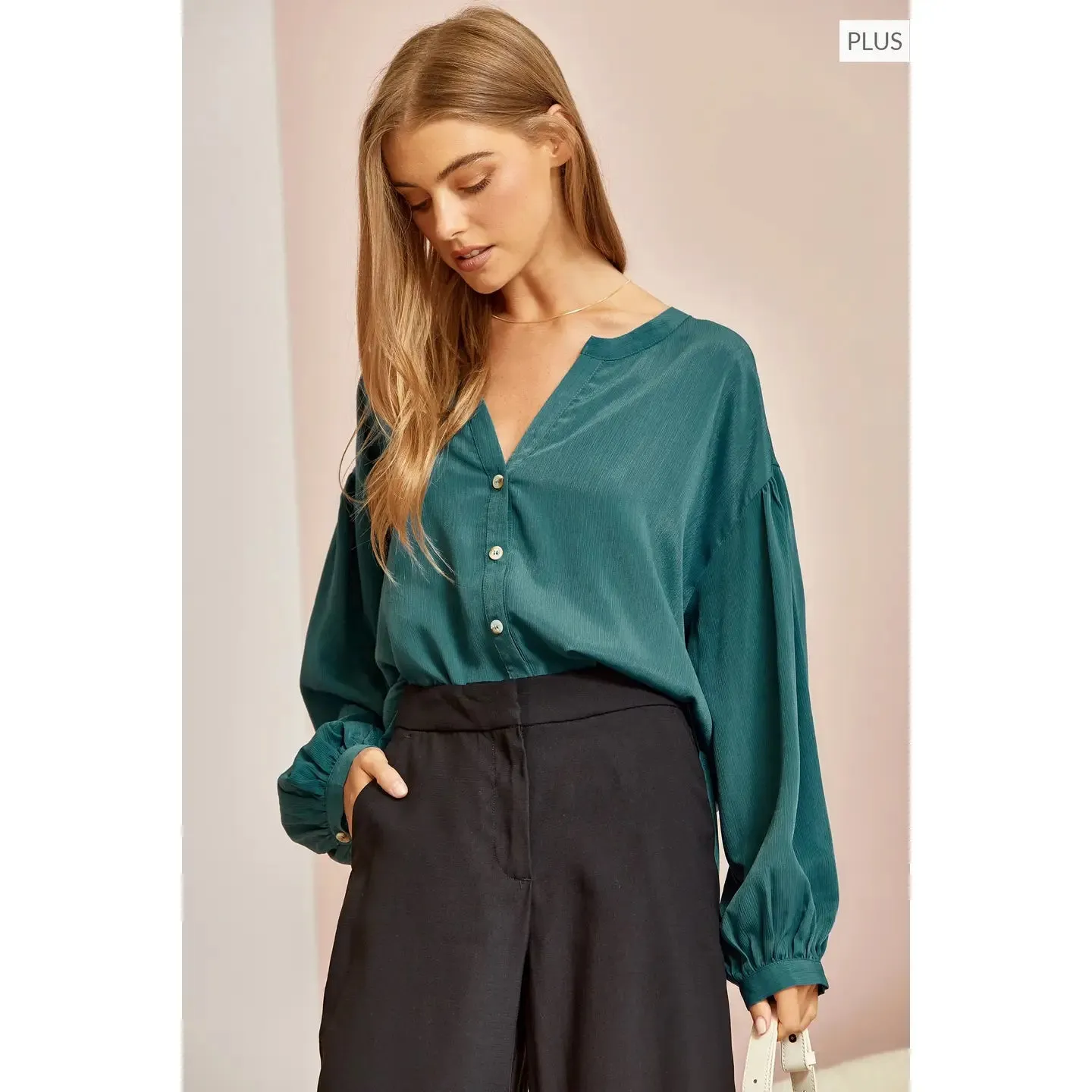 Plus V-Neck Button Up Blouse