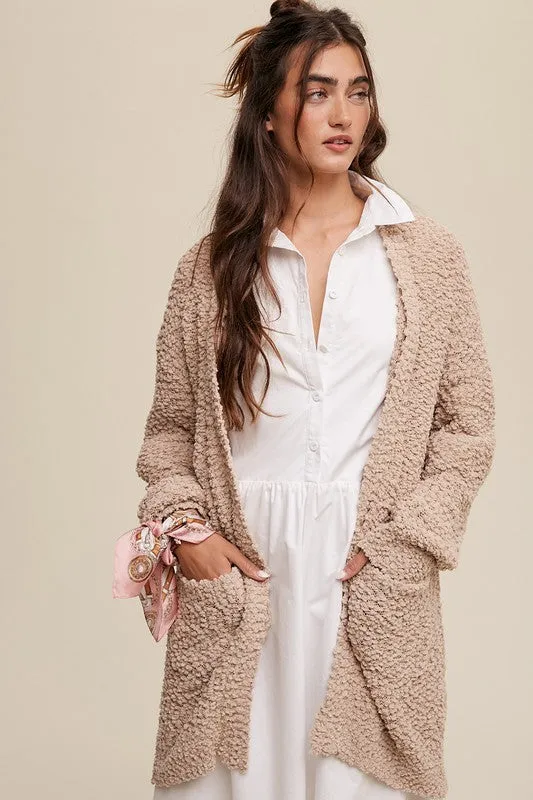 *Popcorn Open Knit Cardigan Sweater