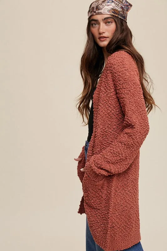 *Popcorn Open Knit Cardigan Sweater