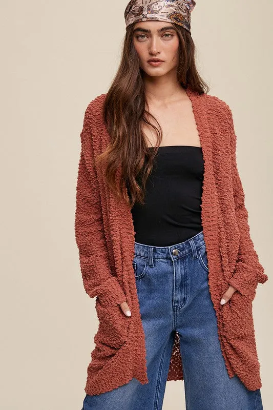 *Popcorn Open Knit Cardigan Sweater