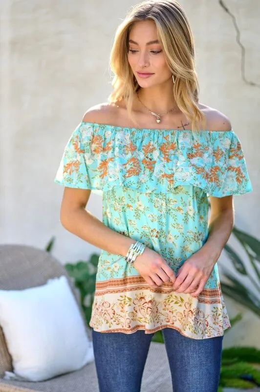 Printed Off Shoulder Smocked Top