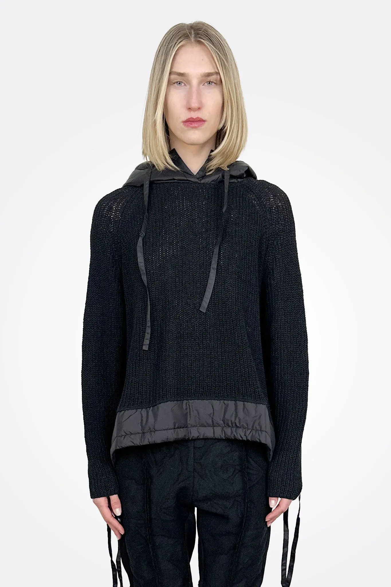 Quilt Detail Knit Hoodie - Black