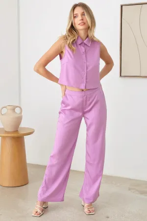 Satin Sleeveless Crop Shirt & Straight Leg Mid Waist Pants Set