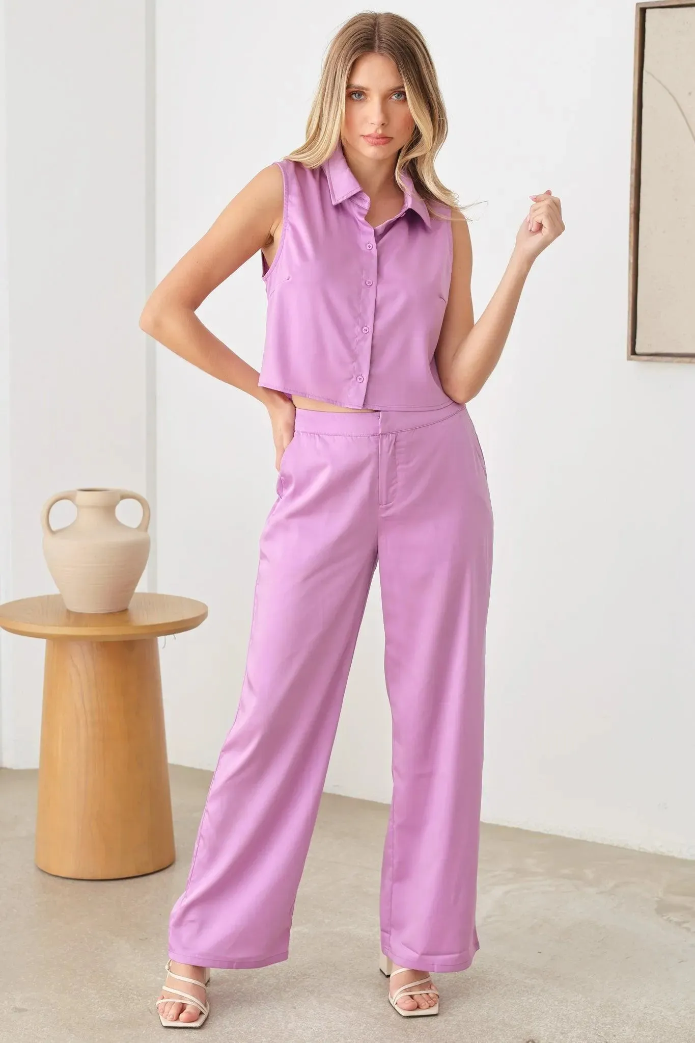 Satin Sleeveless Crop Shirt & Straight Leg Mid Waist Pants Set