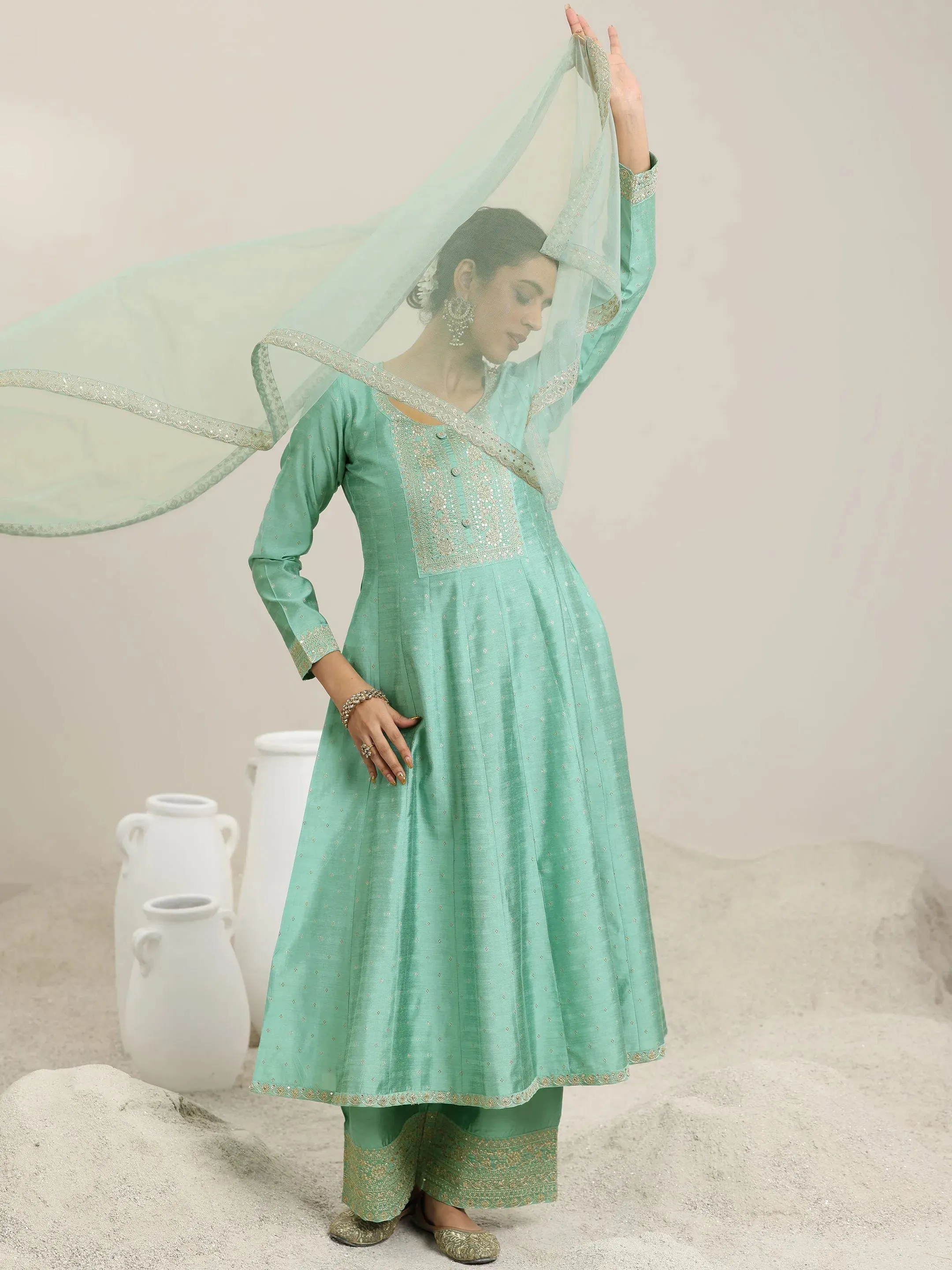 Sea Green Embroidered Chanderi Silk Anarkali Suit With Dupatta