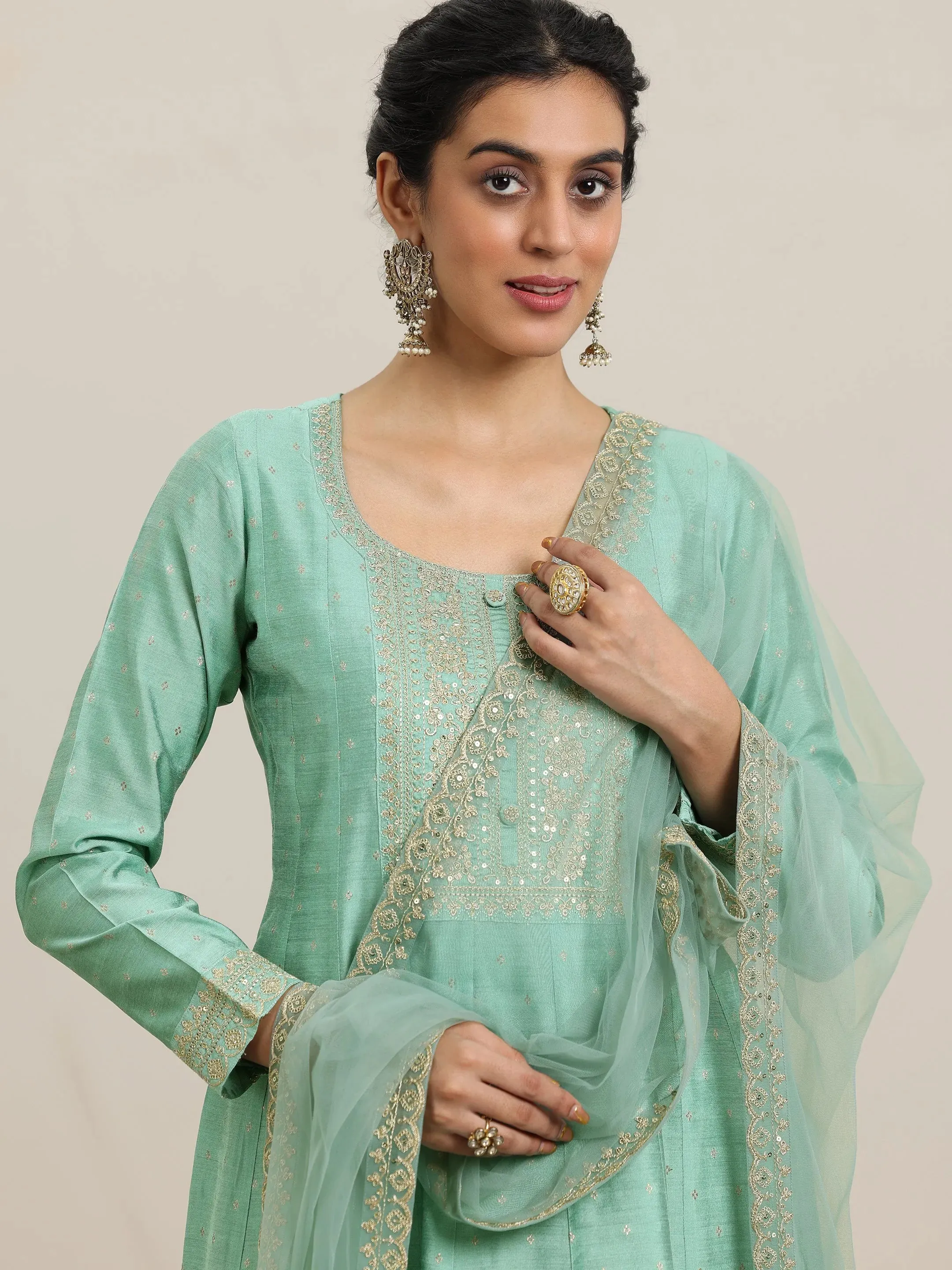 Sea Green Embroidered Chanderi Silk Anarkali Suit With Dupatta