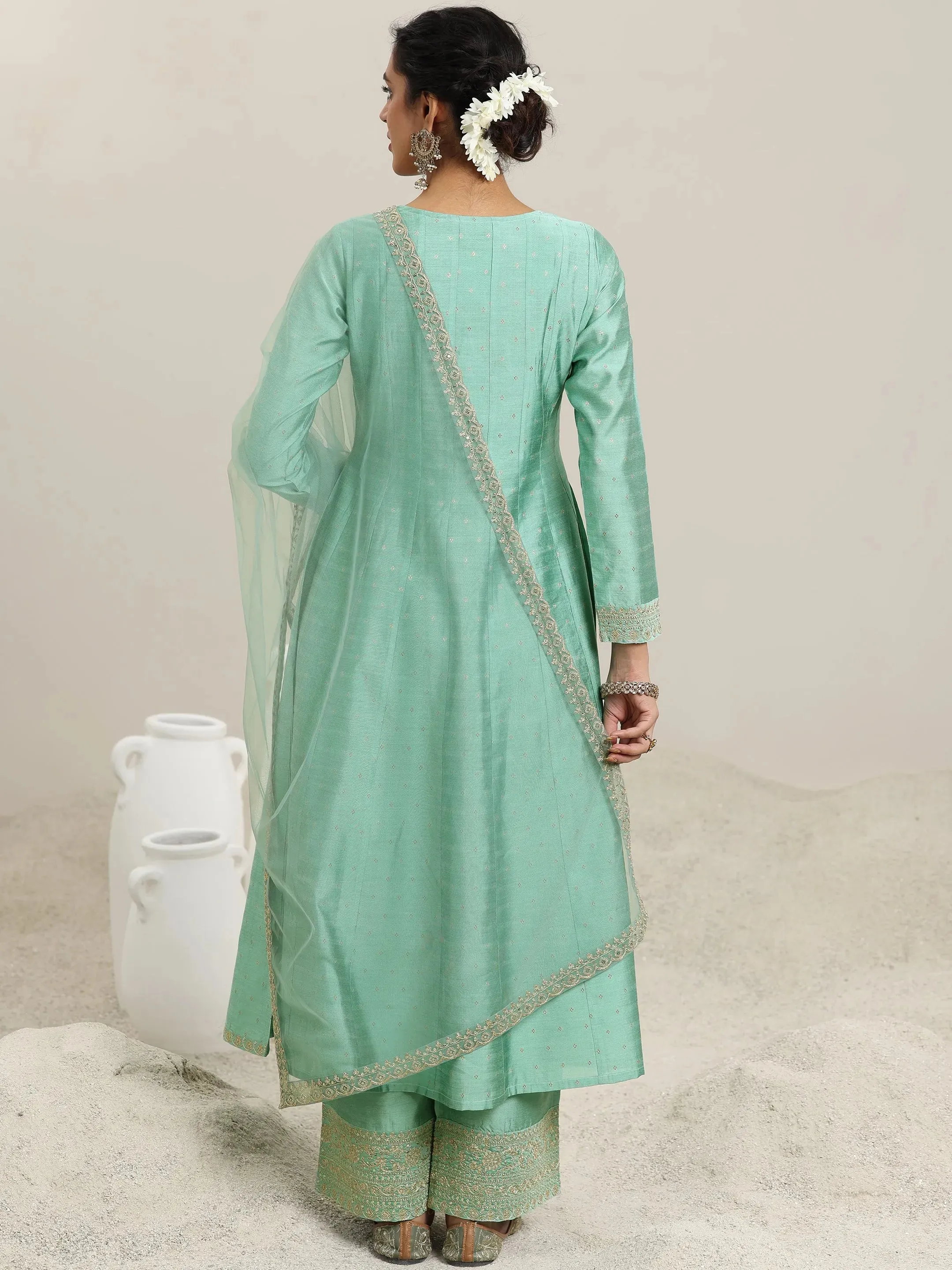 Sea Green Embroidered Chanderi Silk Anarkali Suit With Dupatta