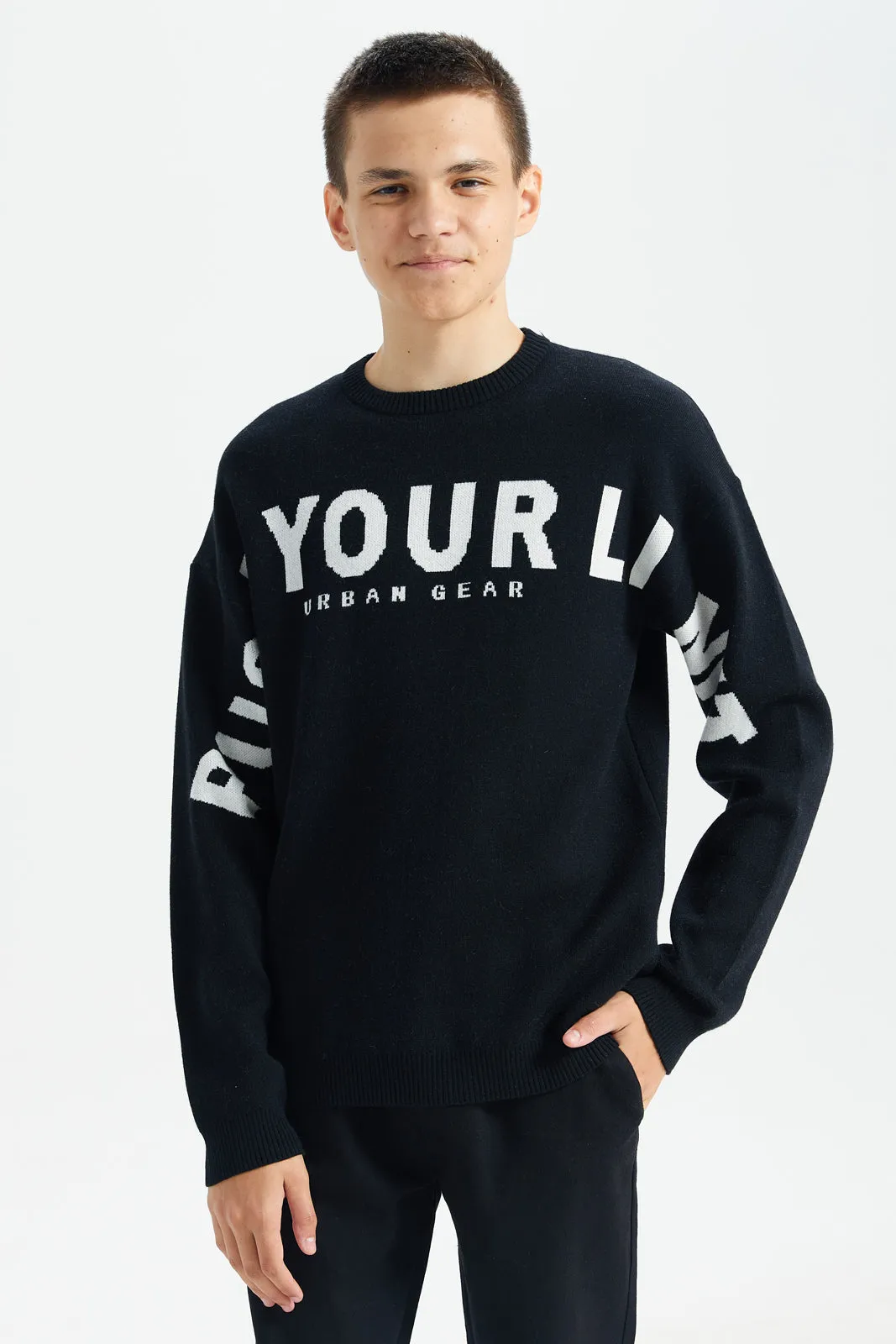 Senior Boys Black Printed Pullover