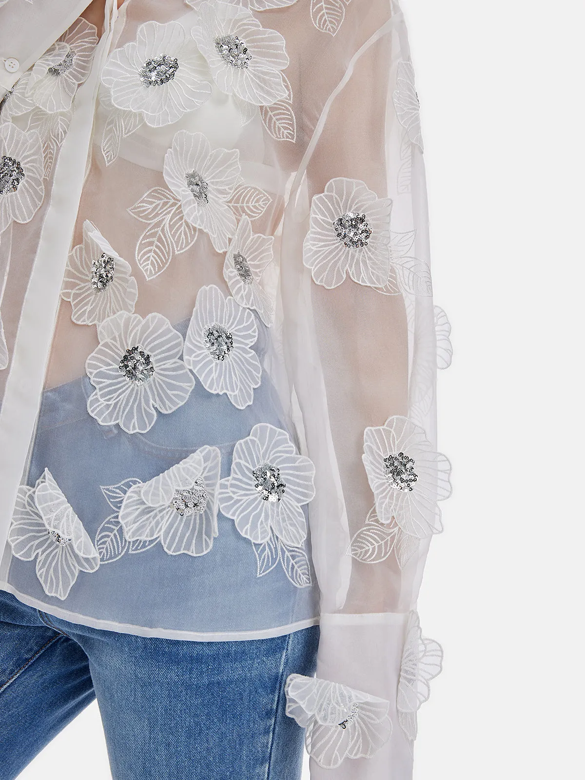 Sheer 3D Floral Sequined Shirt